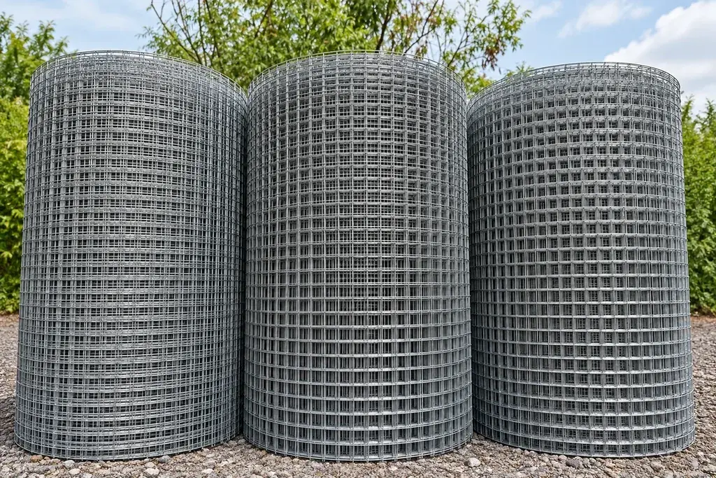 Rolls of galvanized welded wire mesh standing outdoors