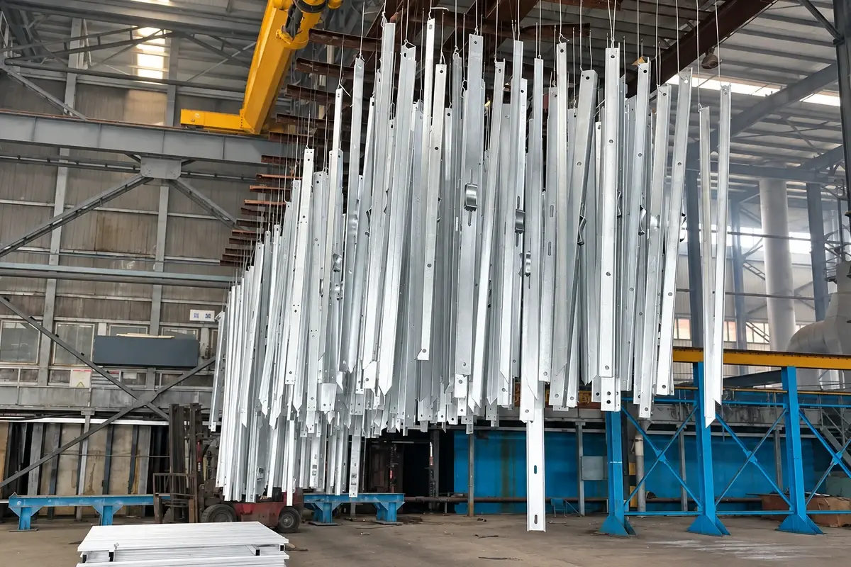 Steel fence components suspended at a hot-dip galvanizing line