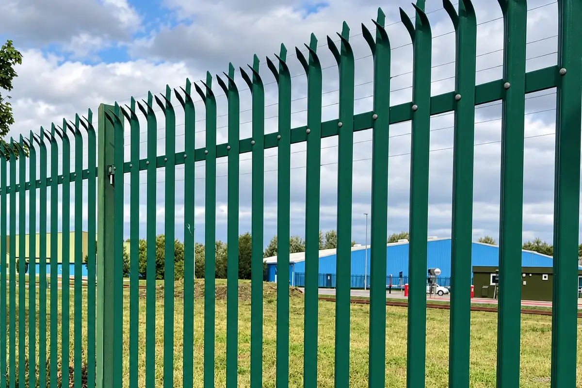 Green palisade fence with pointed pales along an outdoor boundary