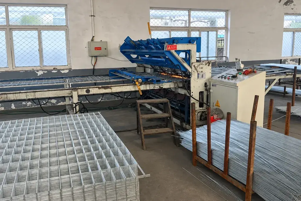 Welded mesh panels beside a welding machine in a workshop