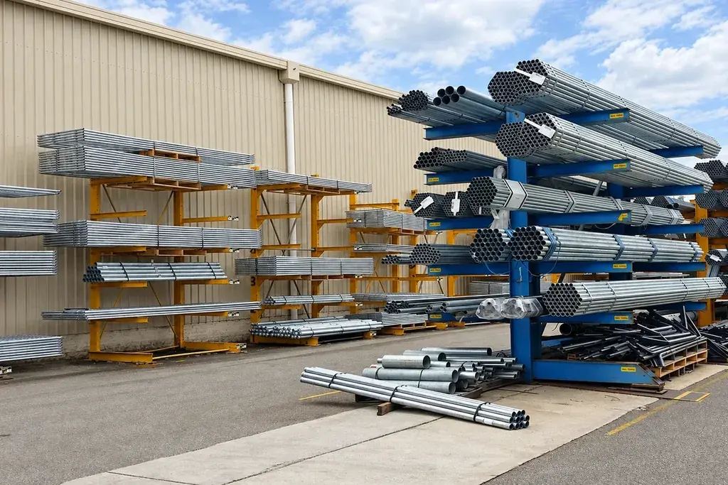 Bundles of steel fence components staged outside a factory