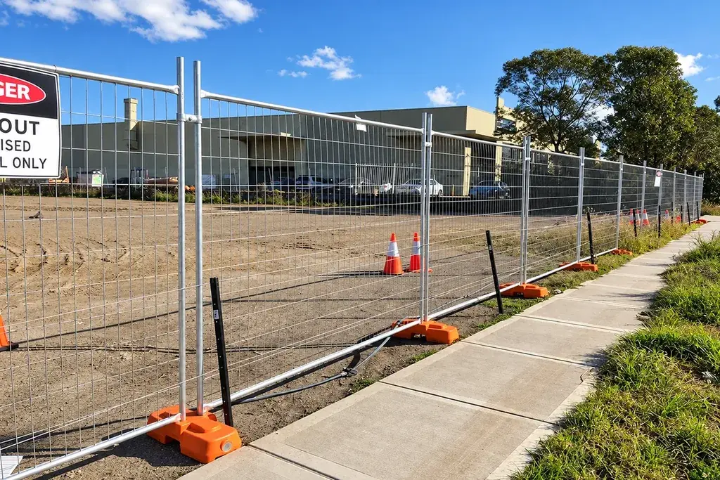 Temporary welded mesh panels held by orange bases beside a construction site