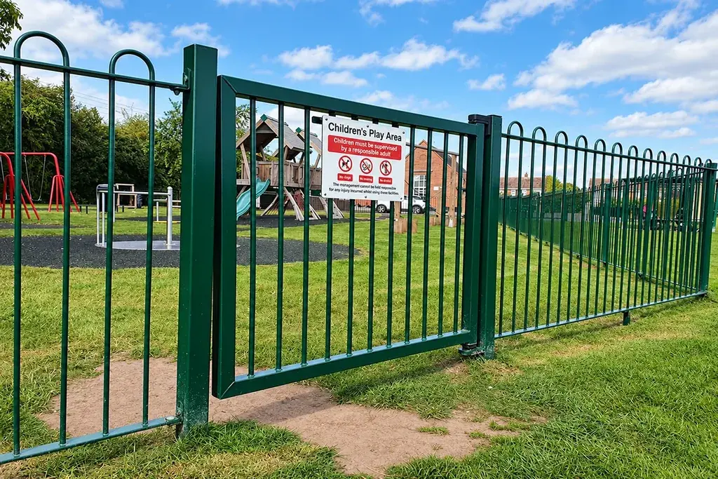 Green bow-top gate in a playground fence line