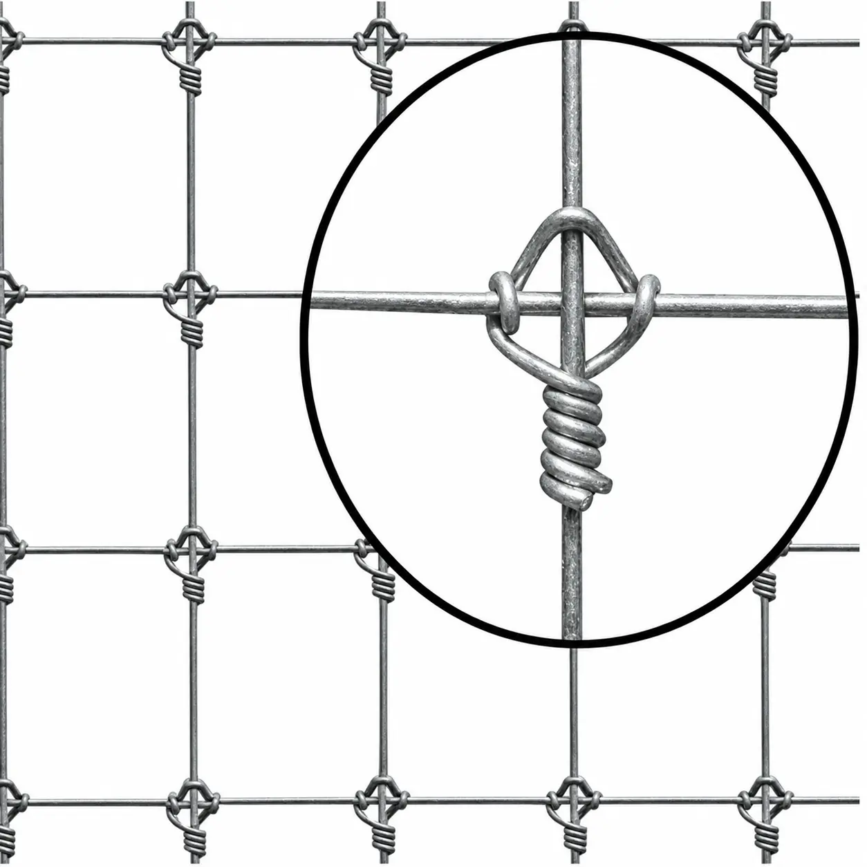 Fixed knot woven wire fence with an enlarged view of the wire junction