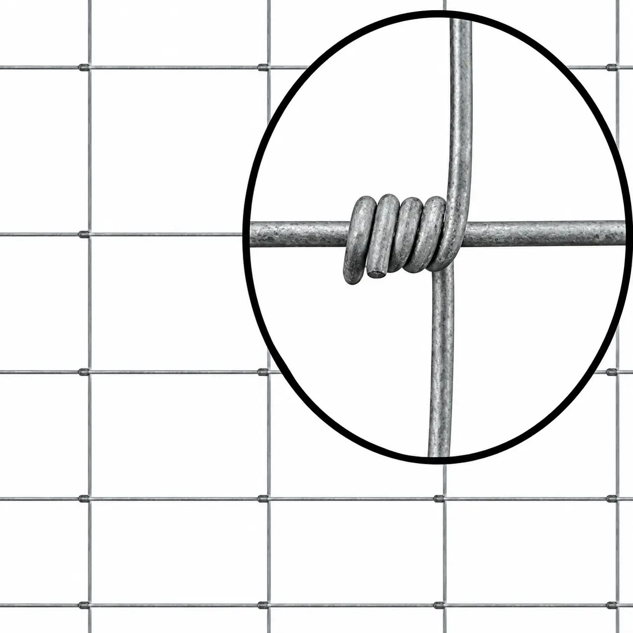 Hinge joint field fence with an enlarged view of the wrapped wire junction
