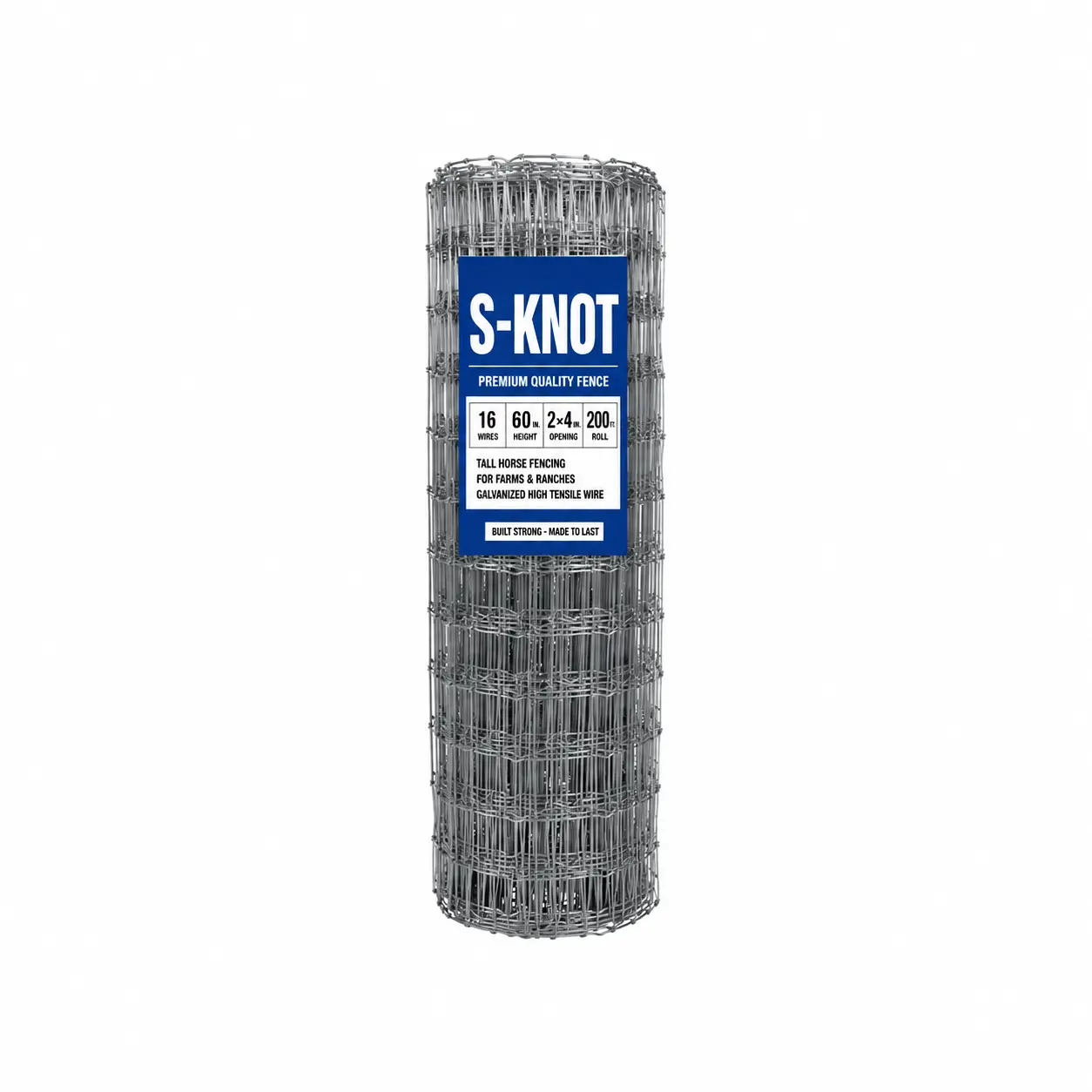 Roll of S-knot woven wire horse fence with a product identification label