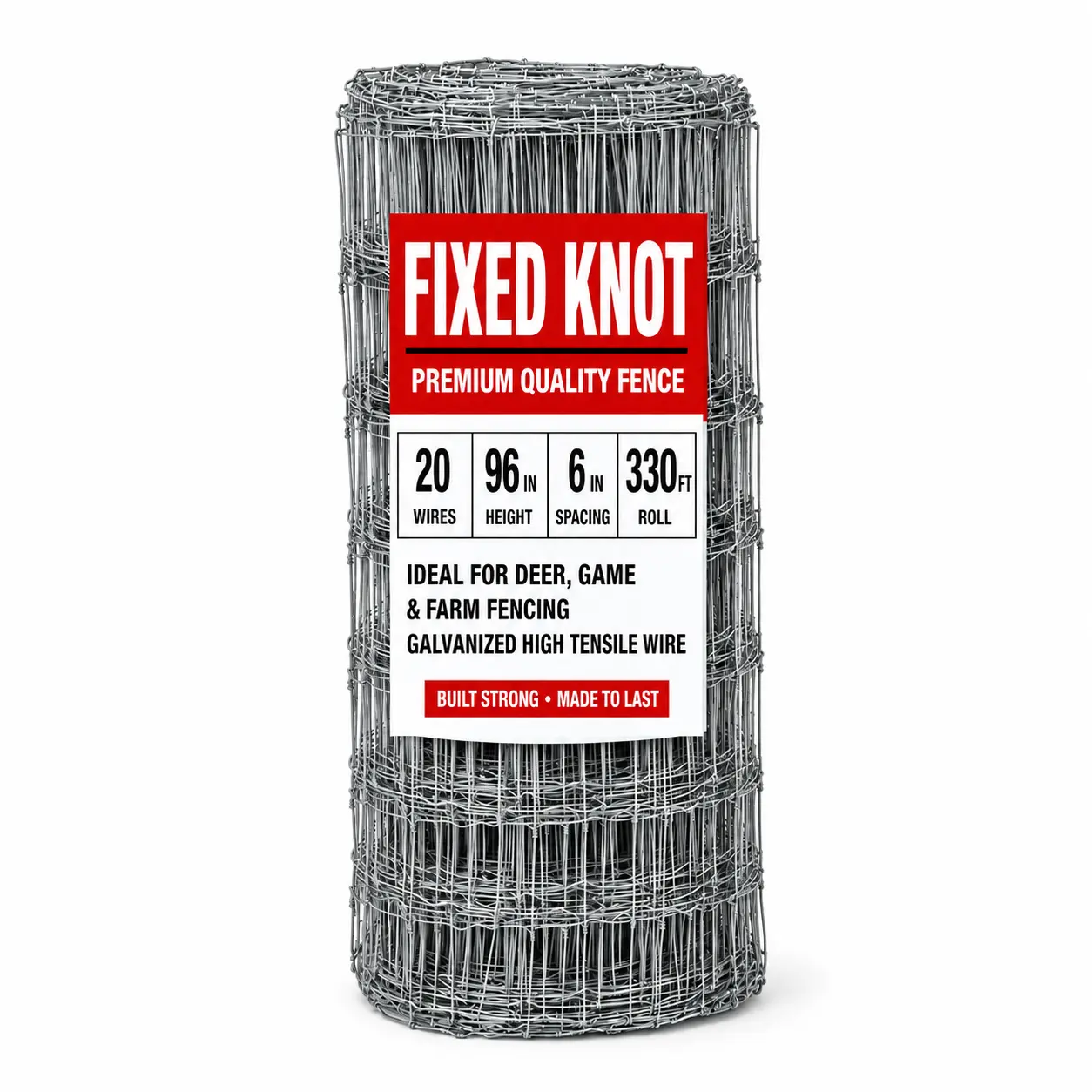 Labelled roll of fixed-knot woven wire deer fence