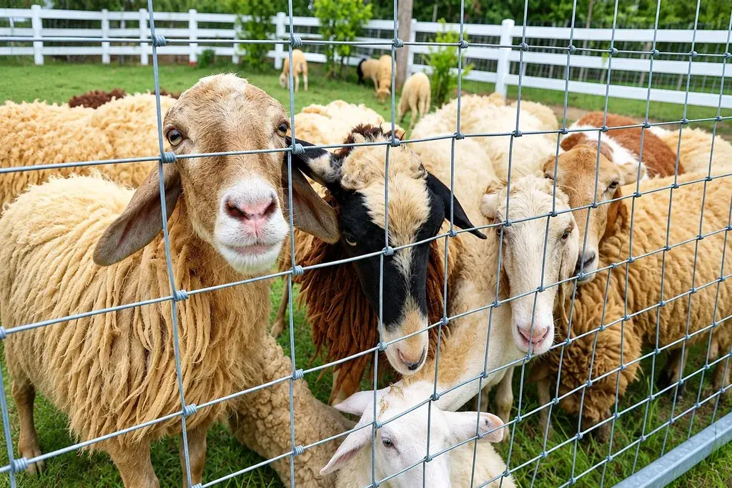 Sheep and goats behind a woven wire field fence with visible openings