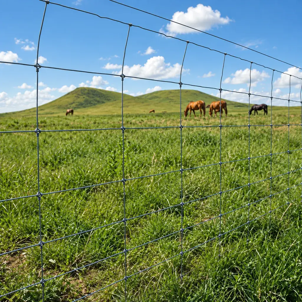 Woven wire pasture fence with horses grazing beyond the boundary