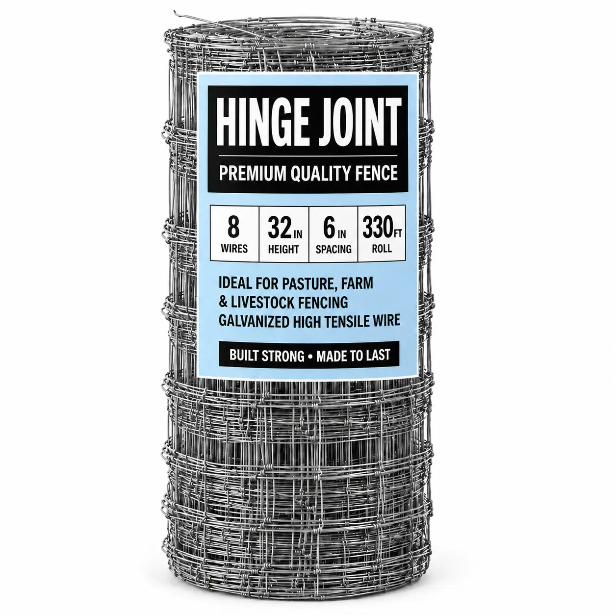 Labelled roll of hinge-joint sheep and goat field fence showing graduated wire spacing