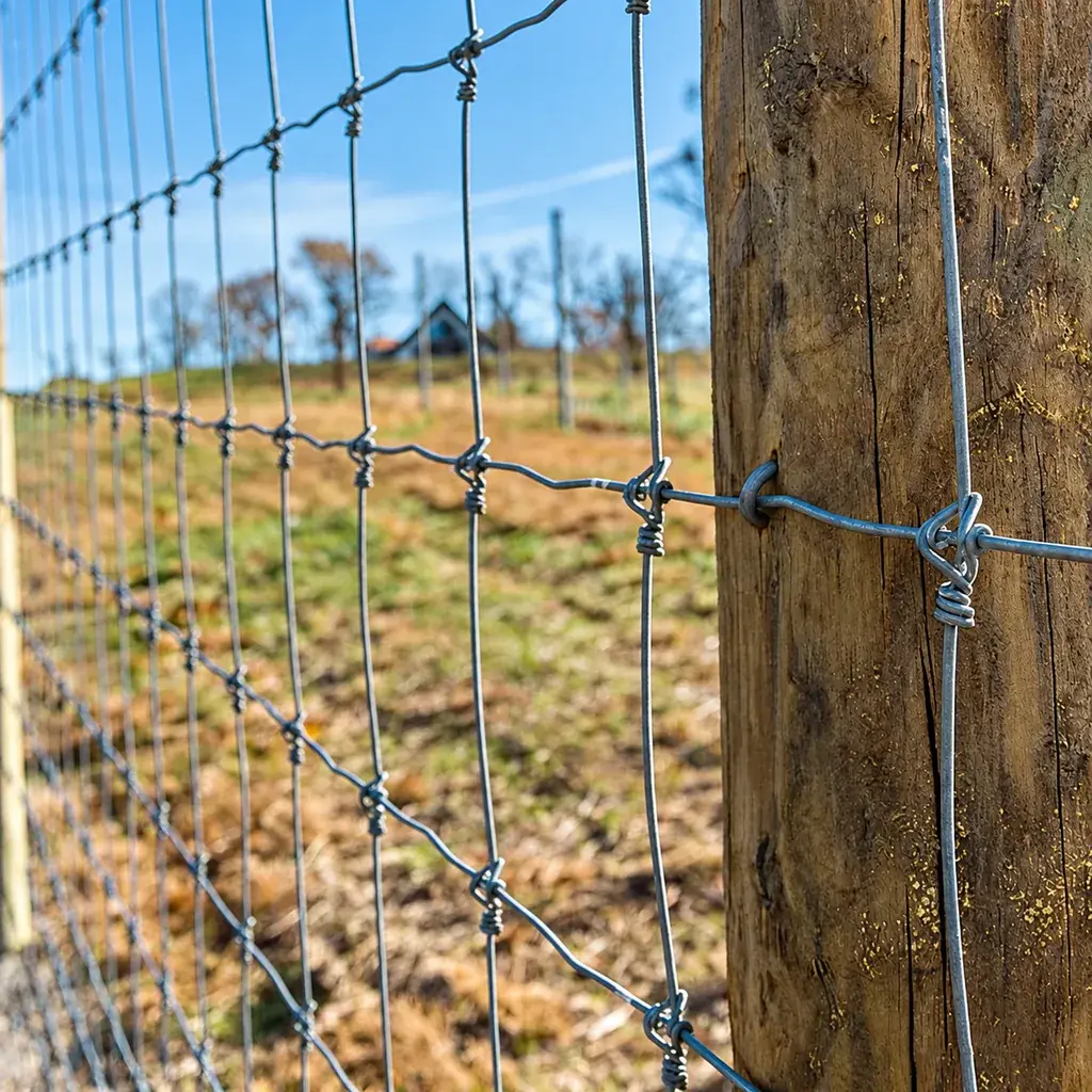Woven wire farm fence connected to a timber post above uneven ground