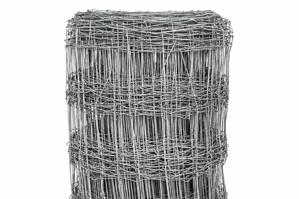 Close view of the horizontal and vertical wires on a galvanised field fence roll