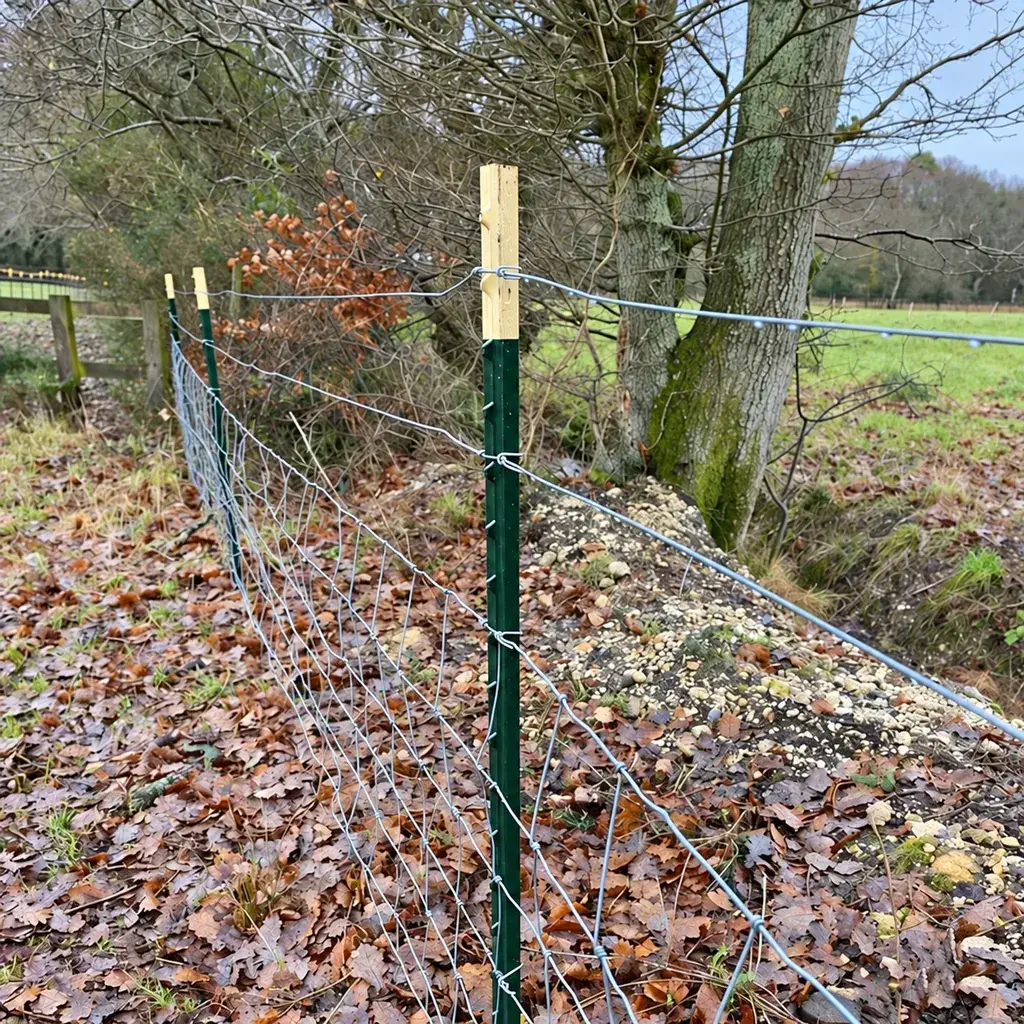 Woven wire field fence fixed to a green steel T-post along a rural boundary