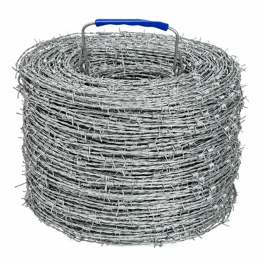 Galvanised barbed wire coil with a blue carrying handle