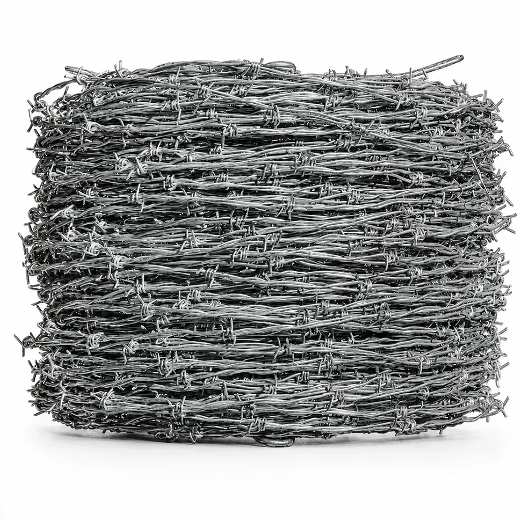 Coil of galvanised barbed wire with twisted line wires and barb clusters visible