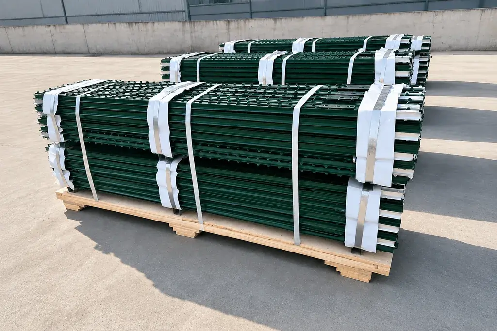 Bundles of green studded steel T-posts secured with white straps