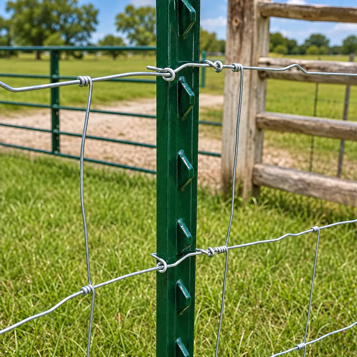 Woven wire mesh attached to the studs of a green steel T-post