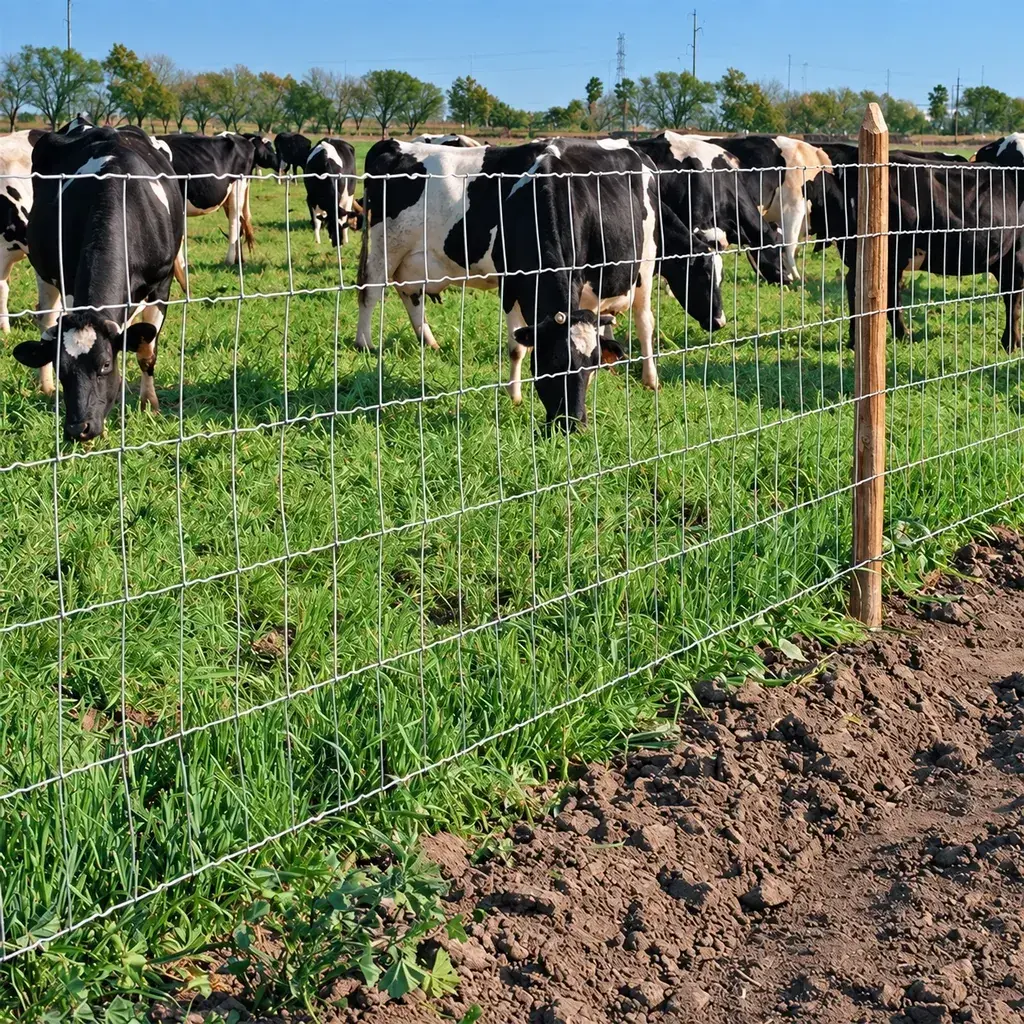 Cattle behind a woven wire pasture fence with timber posts along the run