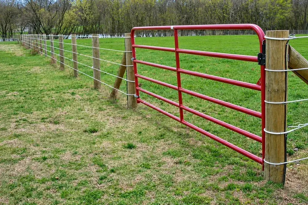 Red five-bar farm gate mounted between timber posts beside a pasture