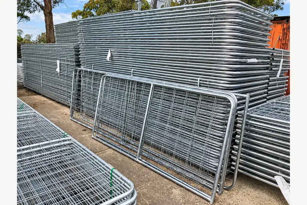 Galvanised mesh farm gate leaning against stacked tubular gate frames