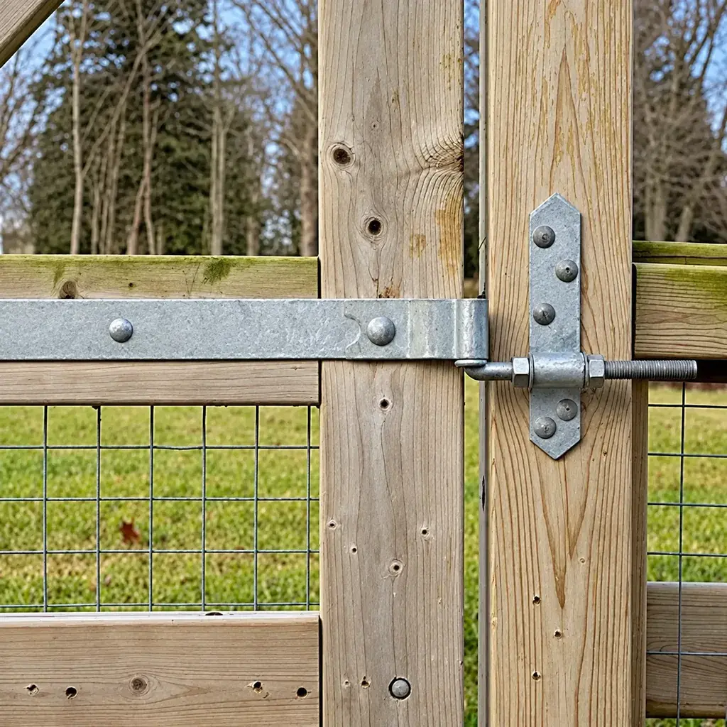 Galvanised strap hinge fixed between a timber gate leaf and a timber post