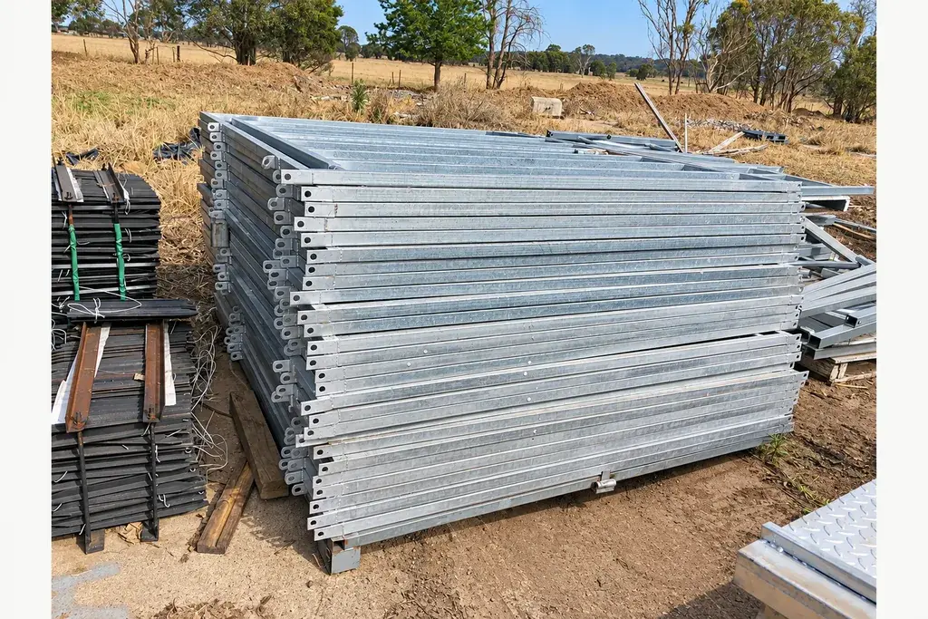 Stacked galvanised farm gate leaves before installation