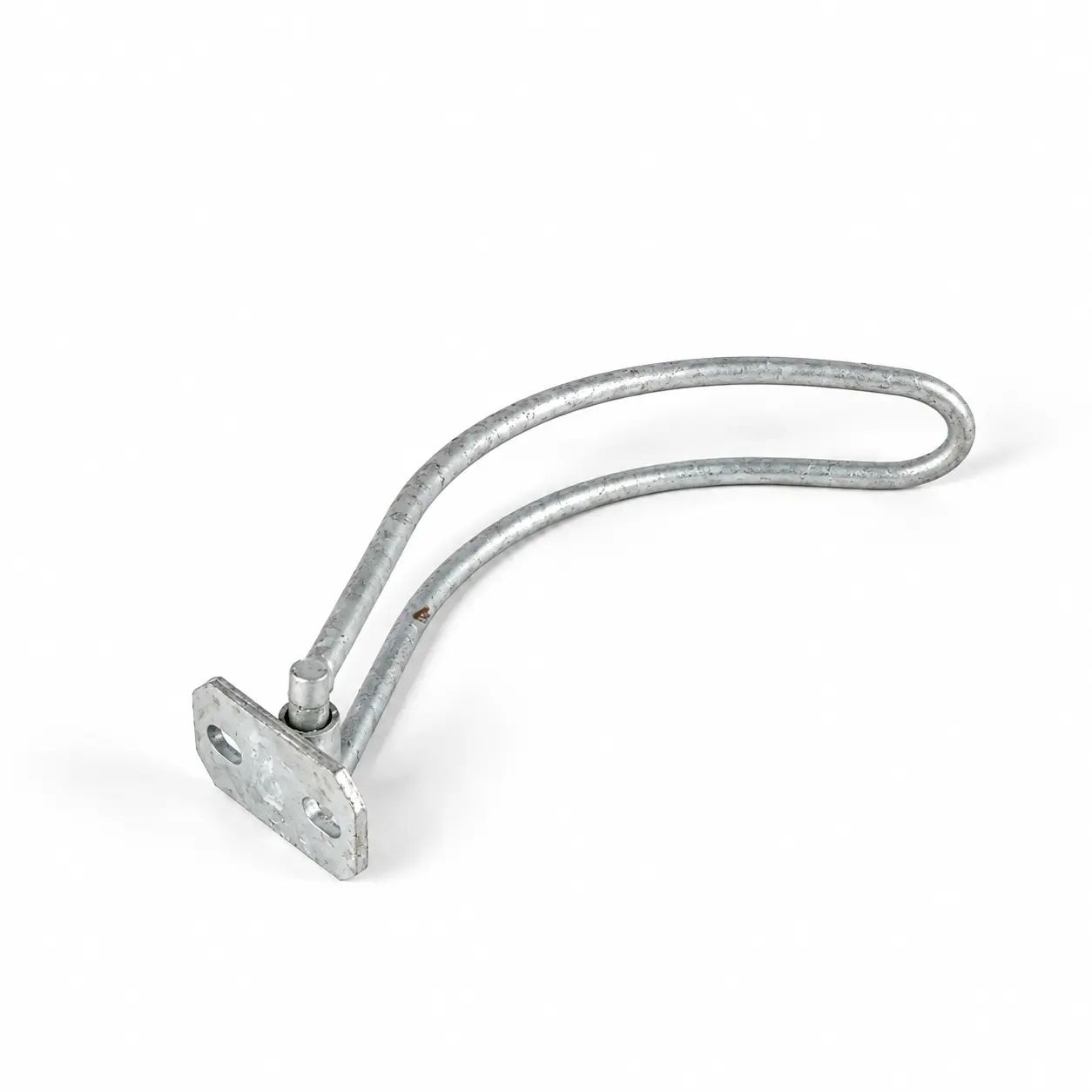Curved metal bow latch with a flat mounting plate for a farm gate