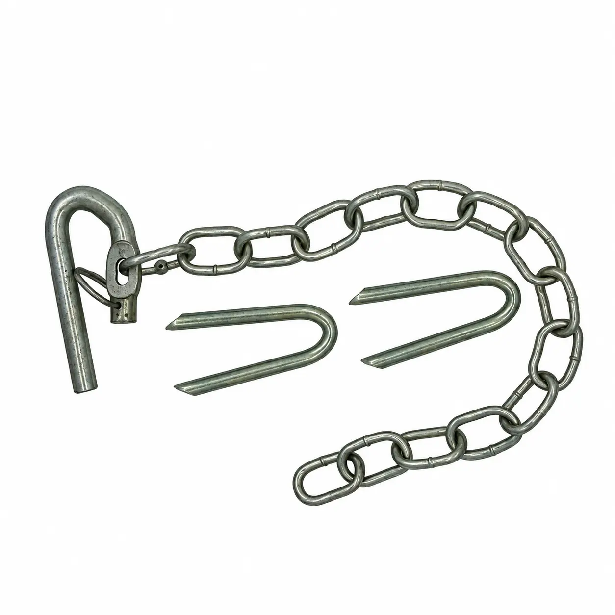 Metal gate chain with two U-shaped staples and a hooked end