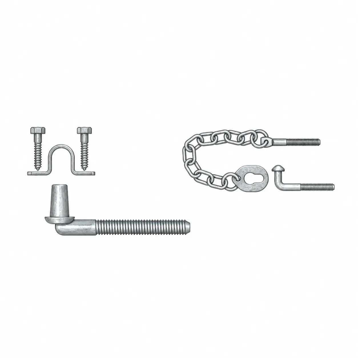 Threaded farm gate hinge pin with U-shaped fixing and two bolts