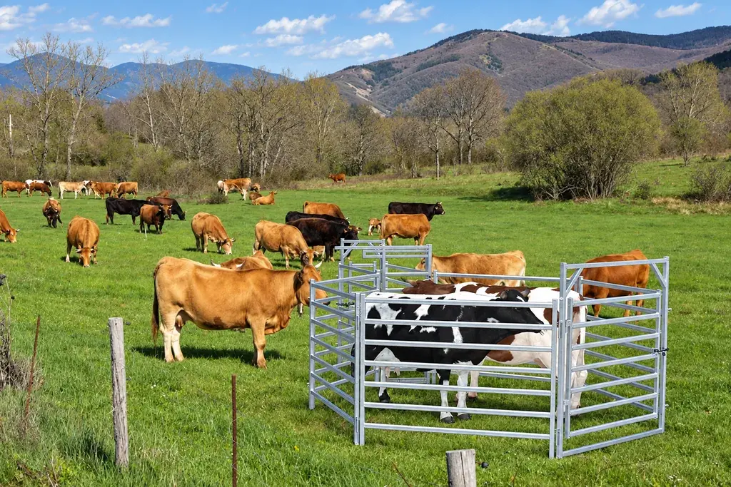 Cattle beside a small galvanised tubular panel enclosure in a pasture