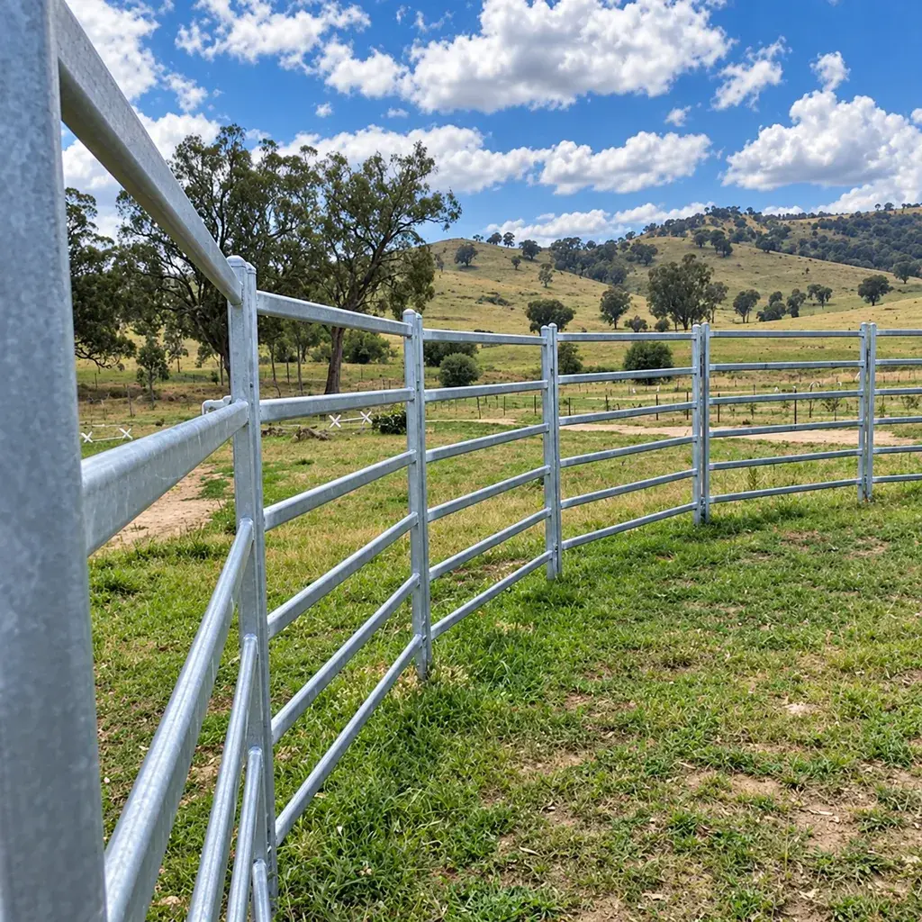 Tubular horse yard panels and a gate assembled on sloping pasture ground