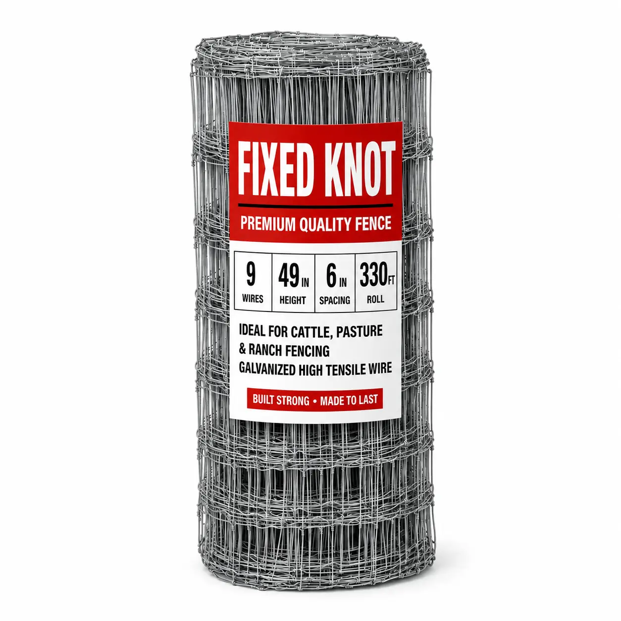 Labelled roll of fixed-knot woven wire pasture fence