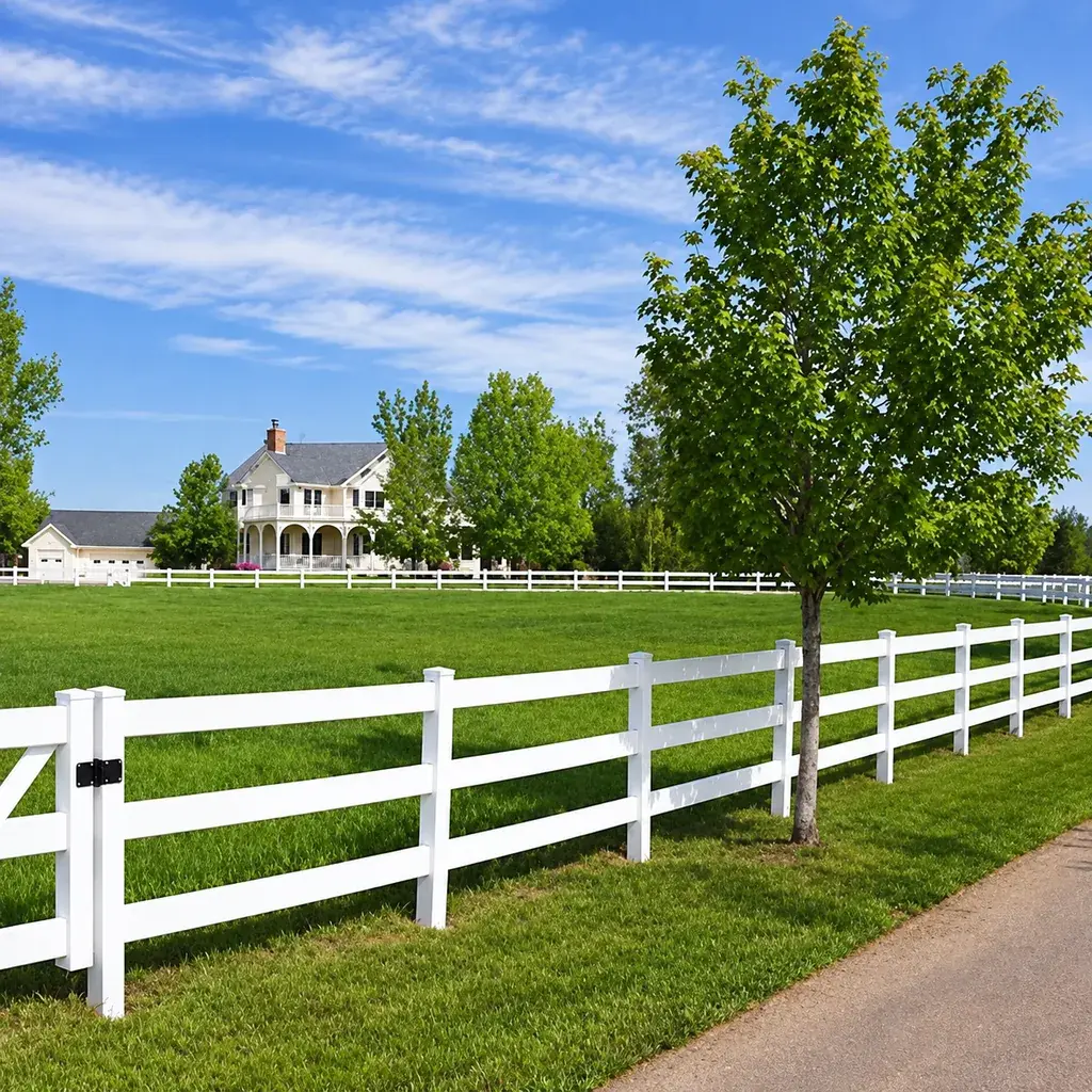 White ranch fence running along two sides of a large grassed property