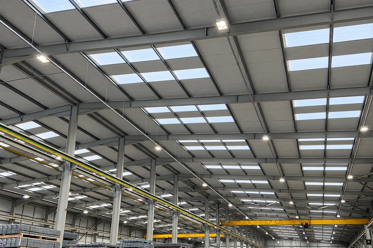 Overhead luminaires illuminating work areas inside a steel factory building