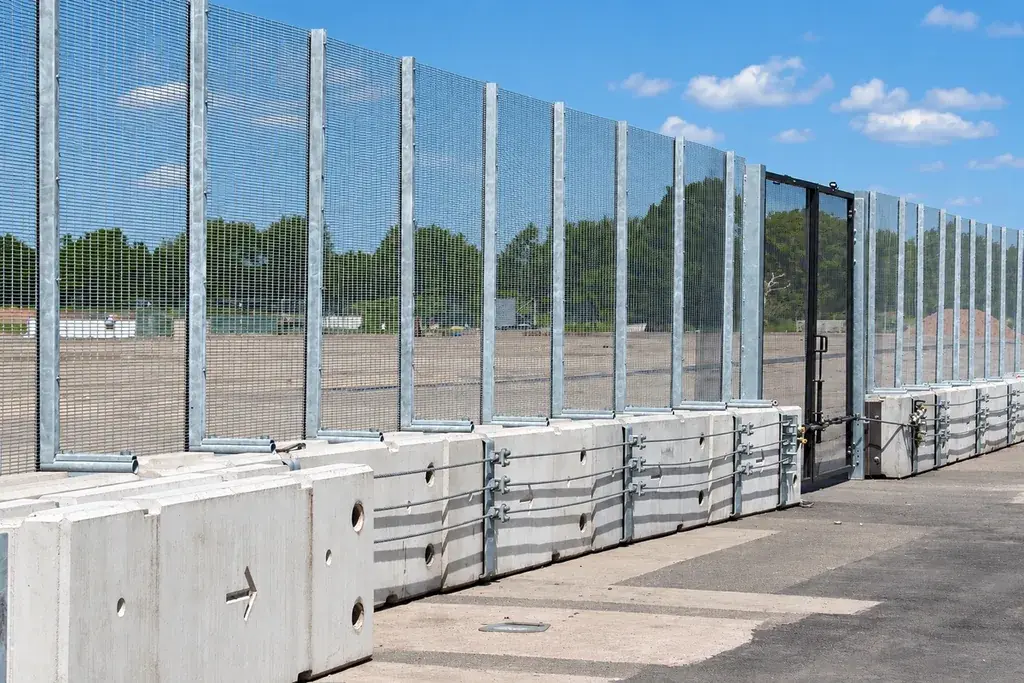 Tall mesh fence aligned beside linked concrete vehicle barriers