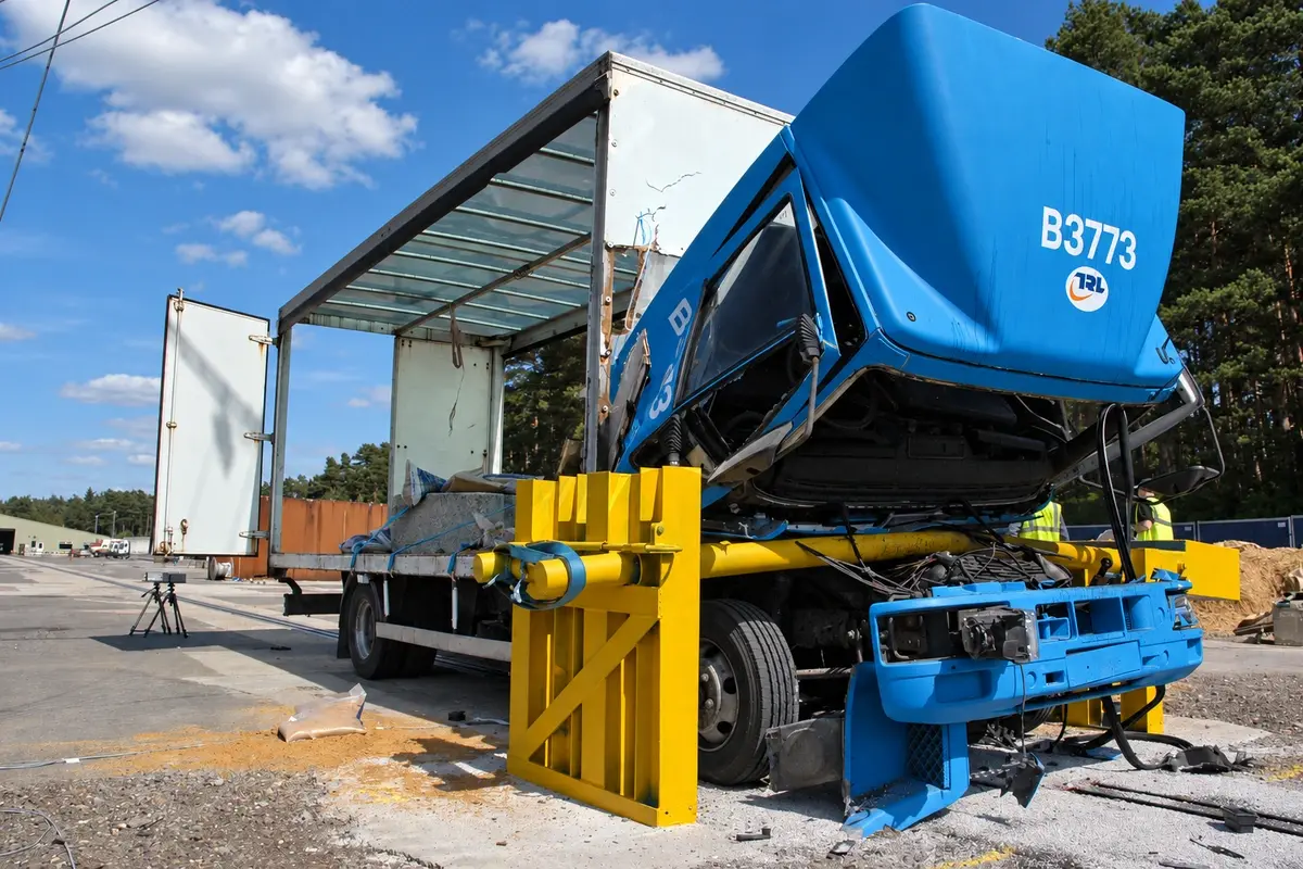 Heavy vehicle retained by a yellow barrier during an impact test