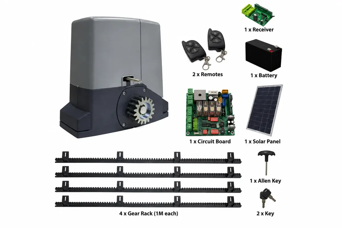 Gate motor kit with control board, battery, receiver and mounting racks