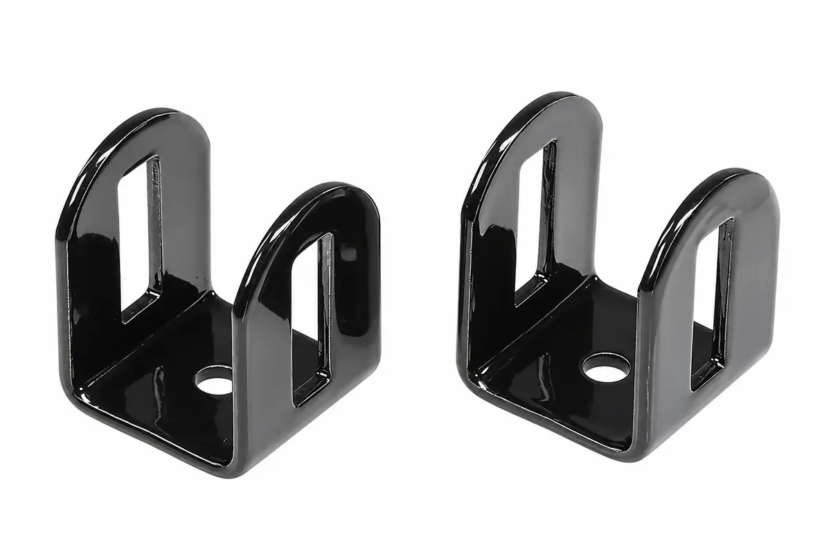 Pair of black steel flat-mount brackets with fixing holes