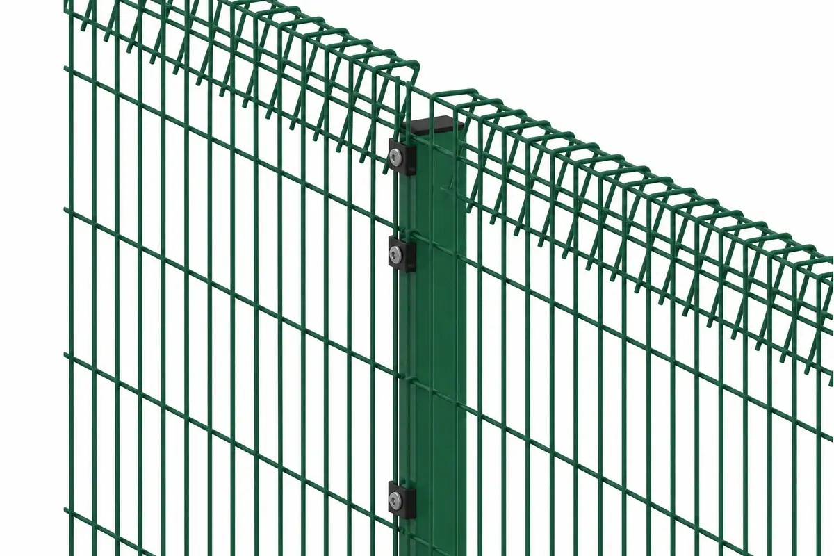 Green welded mesh fence panels secured to a profiled steel post with individual clips