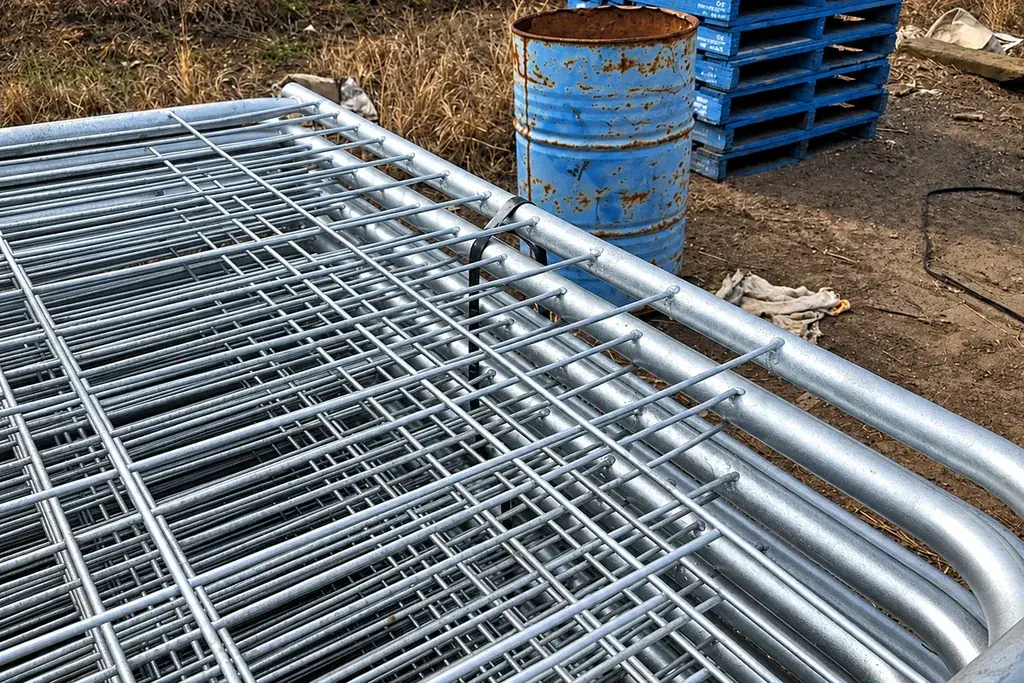 Stacked galvanised welded mesh fence panels prepared for storage or replacement work