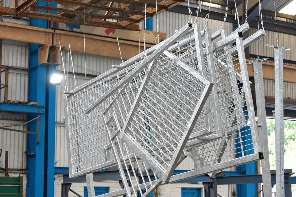 Steel mesh fence panels suspended during hot-dip galvanising