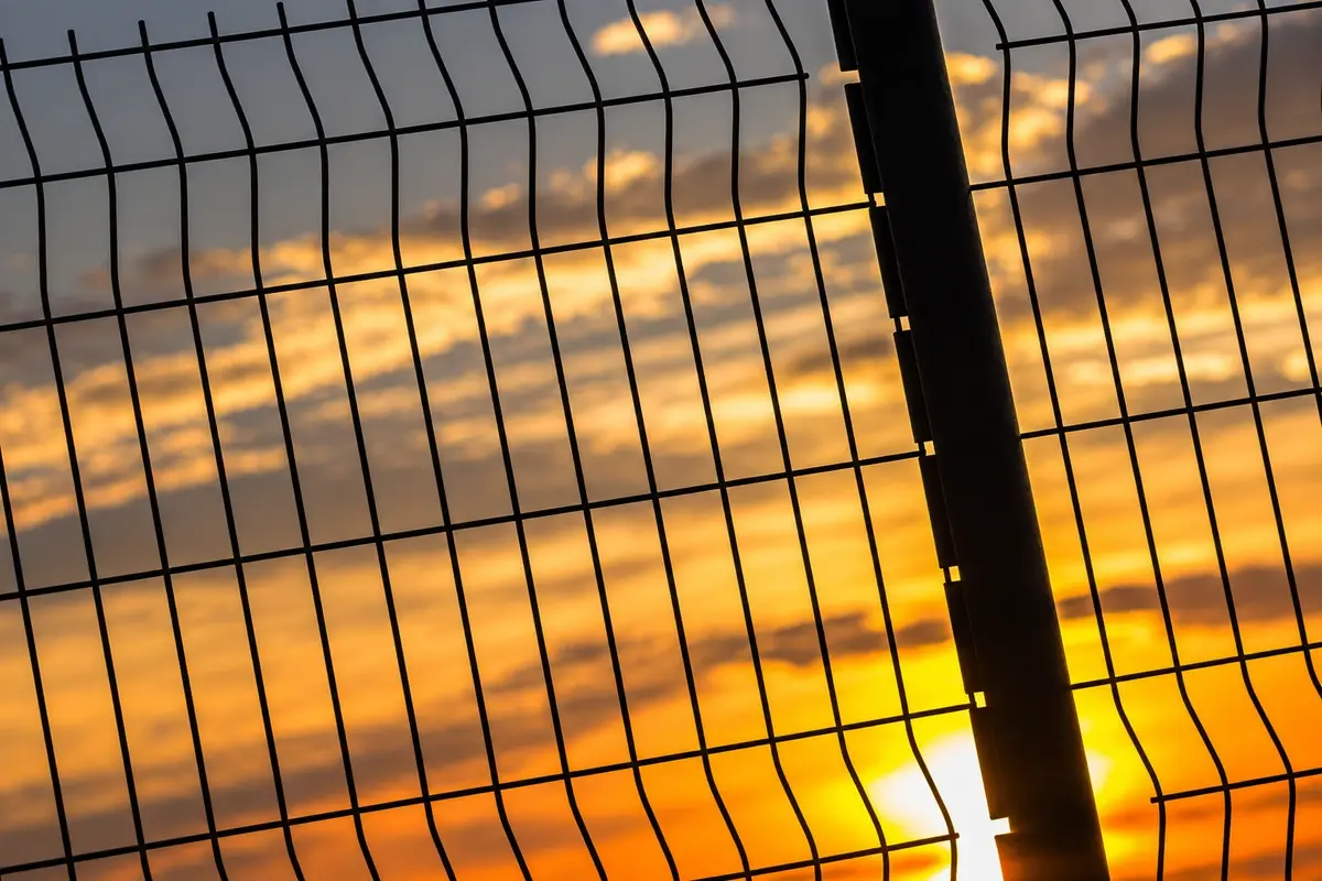 Installed welded mesh security fence viewed in low evening light