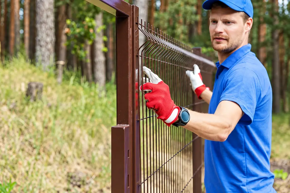 Installer positioning a welded mesh fence panel against a steel post