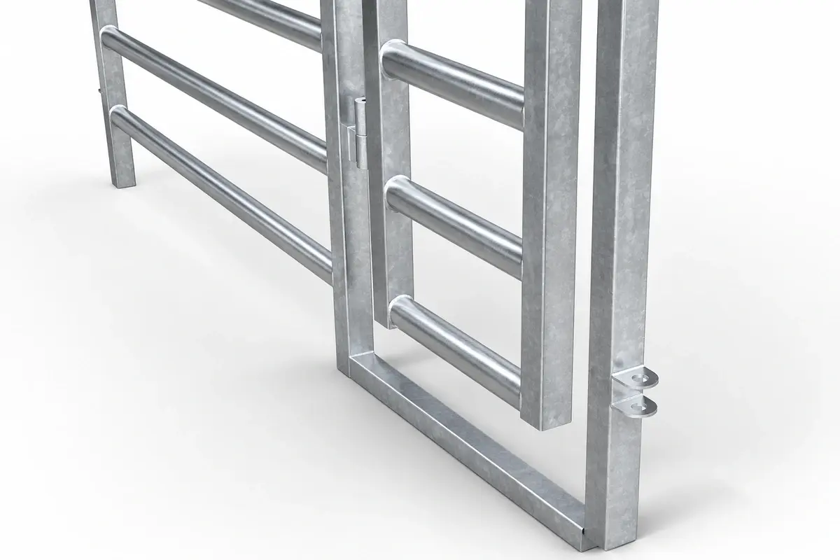 Galvanised modular livestock panel connection with drop-pin mounting detail