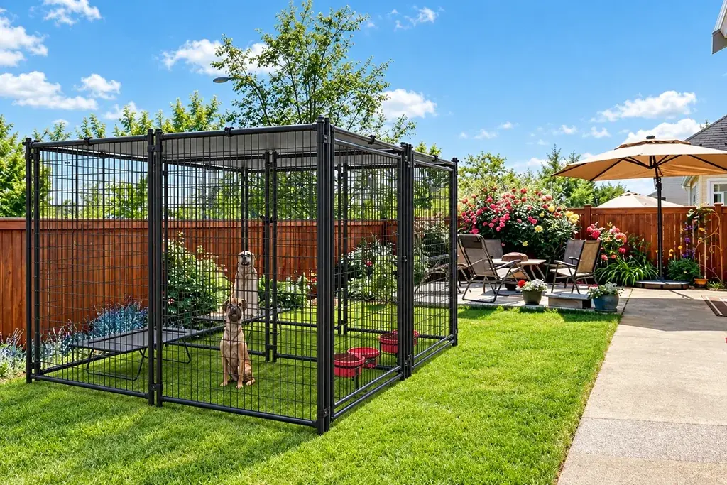 Black modular welded mesh kennel panels assembled in a residential yard