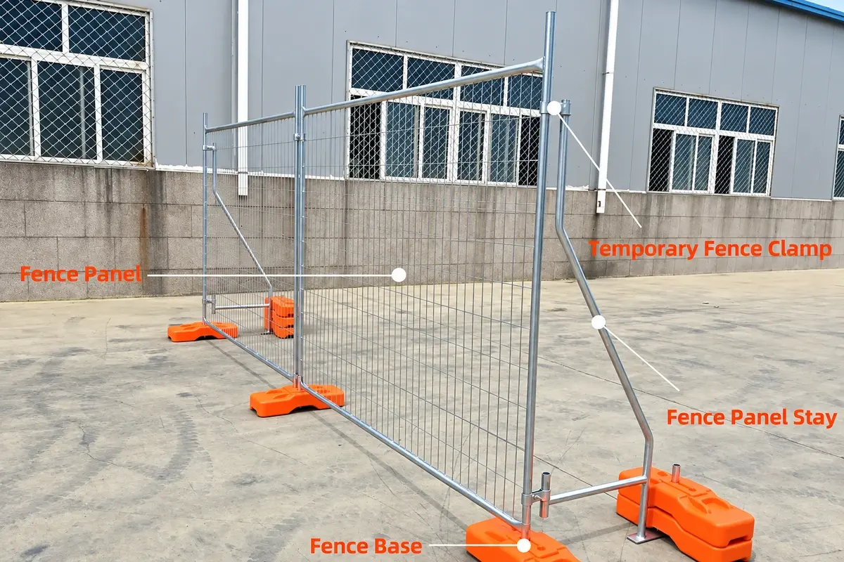Temporary welded mesh fence showing removable panel clamps, braces and weighted bases