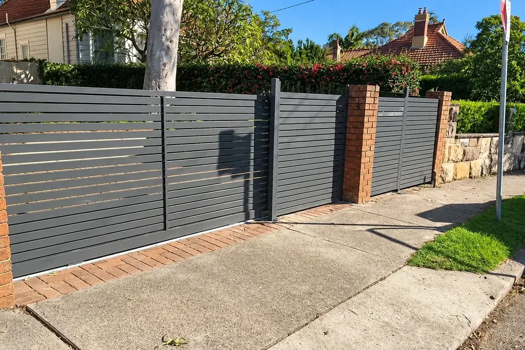 Finished aluminium slat fence and gate installed along a residential boundary