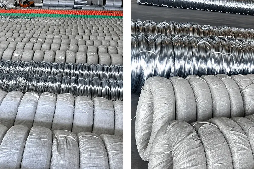 Galvanised steel wire coils grouped and wrapped as packaged material
