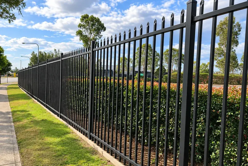 Finished black powder-coated steel fence installed beside a public footpath