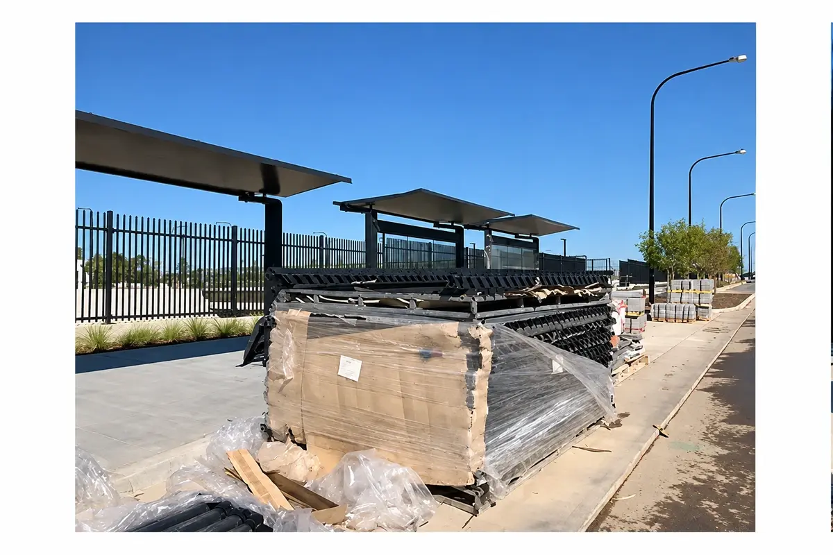 Fence panel bundle with torn wrapping and exposed protective packaging after handling